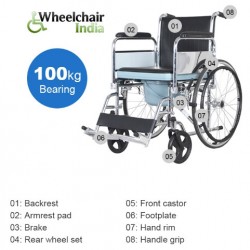 Folding Commode Wheelchair with Flip-up Armrest & Detachable Footrest